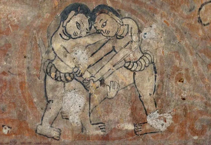 Lethwei mural painting at Bagan Pagoda No. 1255 — ancient bare-knuckle fighters